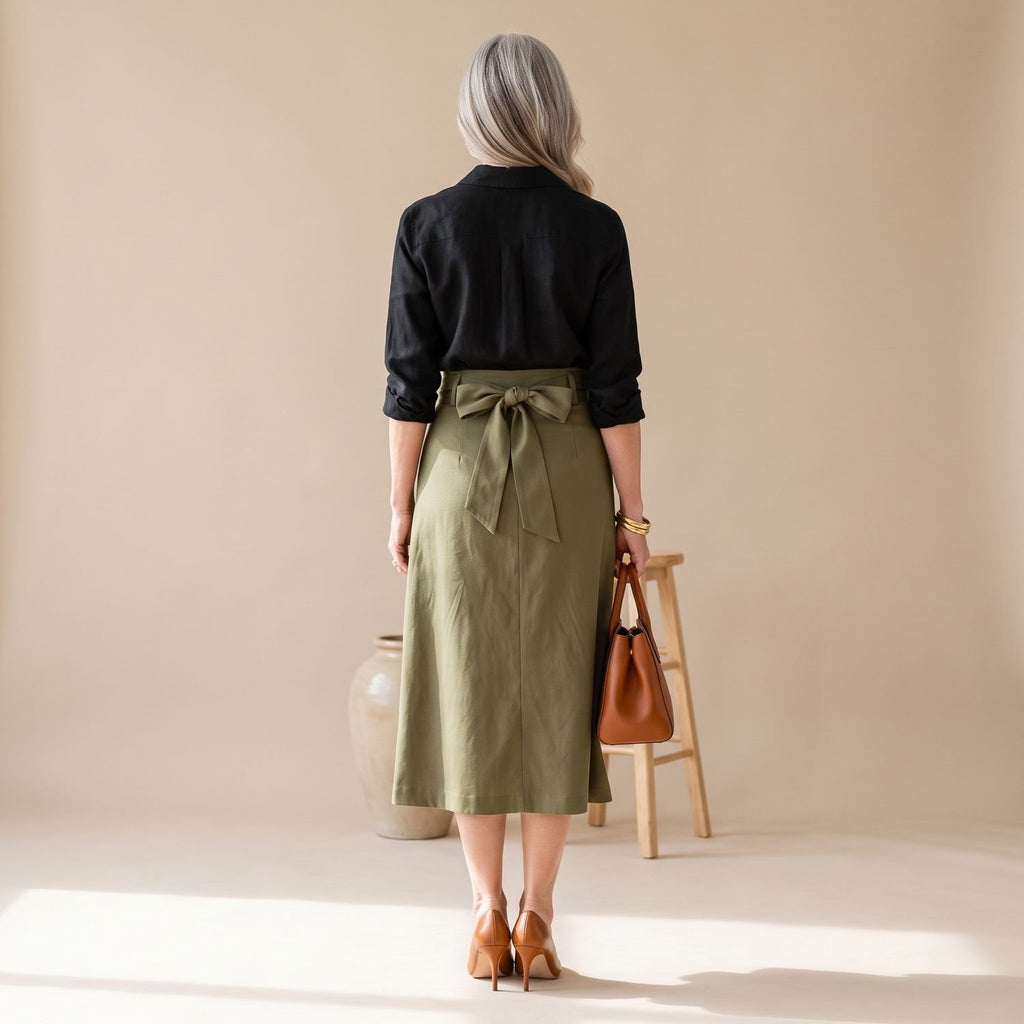 Women's Two Piece Set Button Blouse High-Waist Tie-Front Midi Skirt