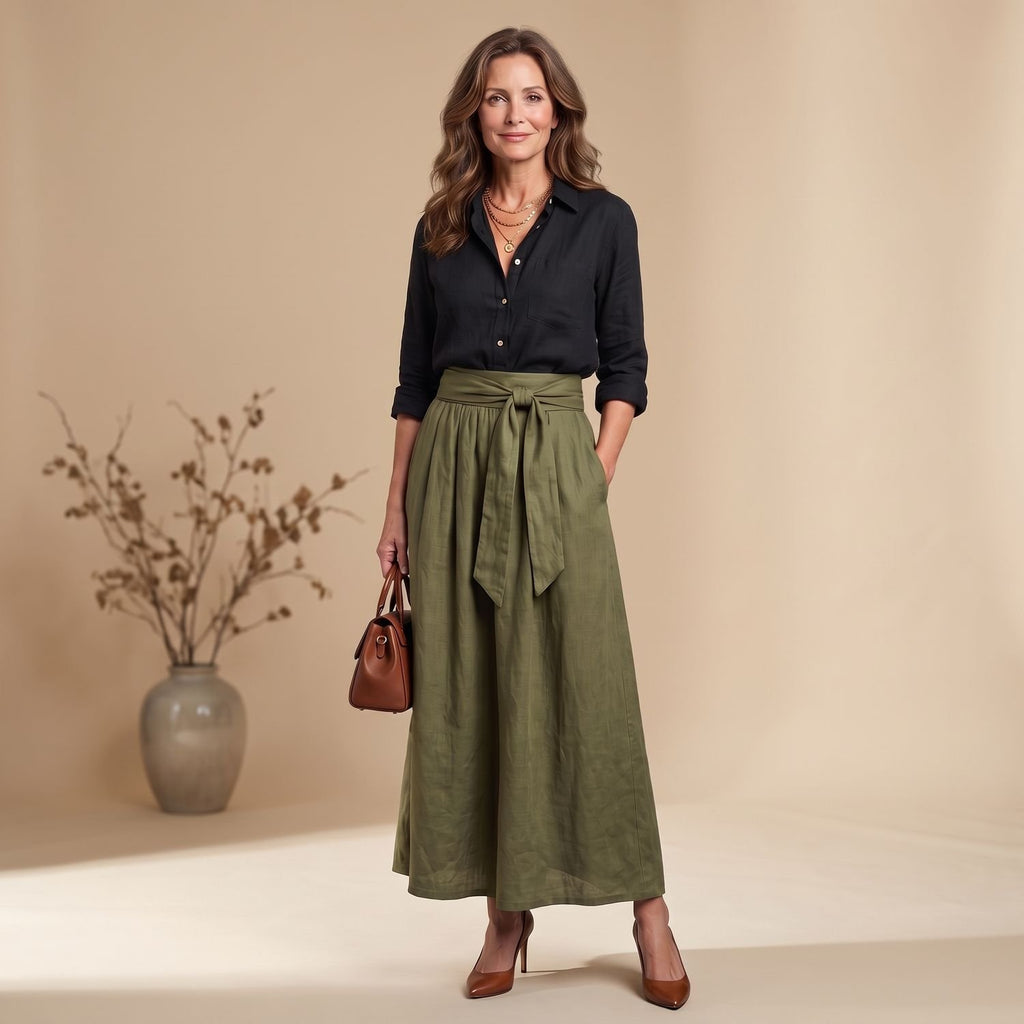 Women's Two Piece Set Button Blouse High-Waist Tie-Front Midi Skirt