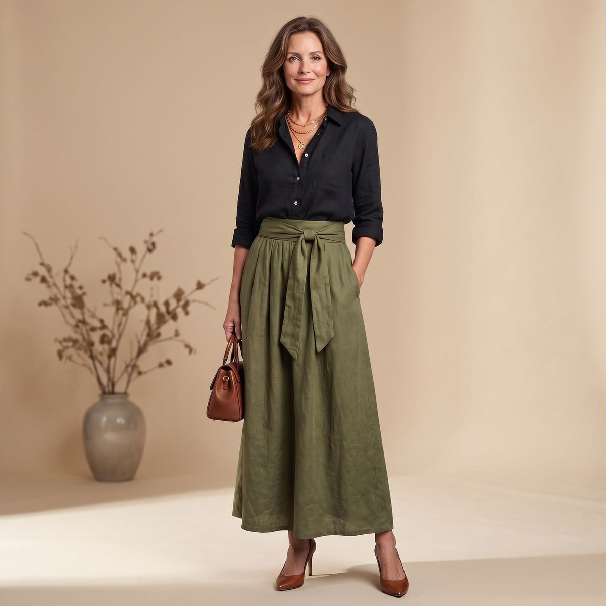 Women's Two Piece Set Button Blouse High-Waist Tie-Front Midi Skirt