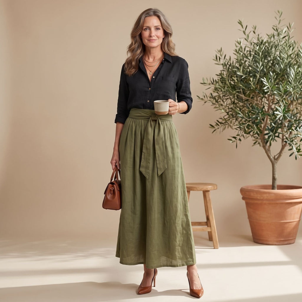 Women's Two Piece Set Button Blouse High-Waist Tie-Front Midi Skirt