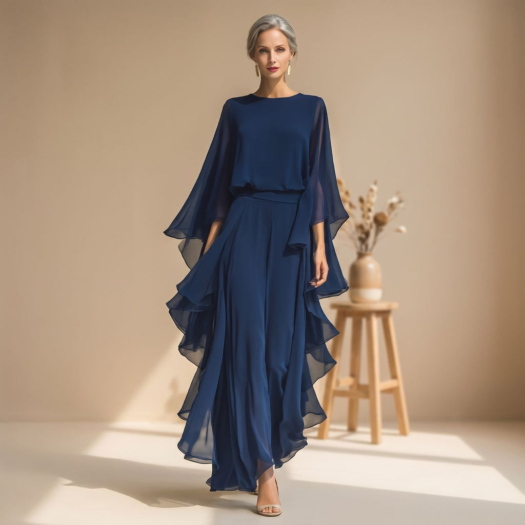 Women's Two Piece Set Chiffon Flared Sleeve Top Wide-Leg Pants