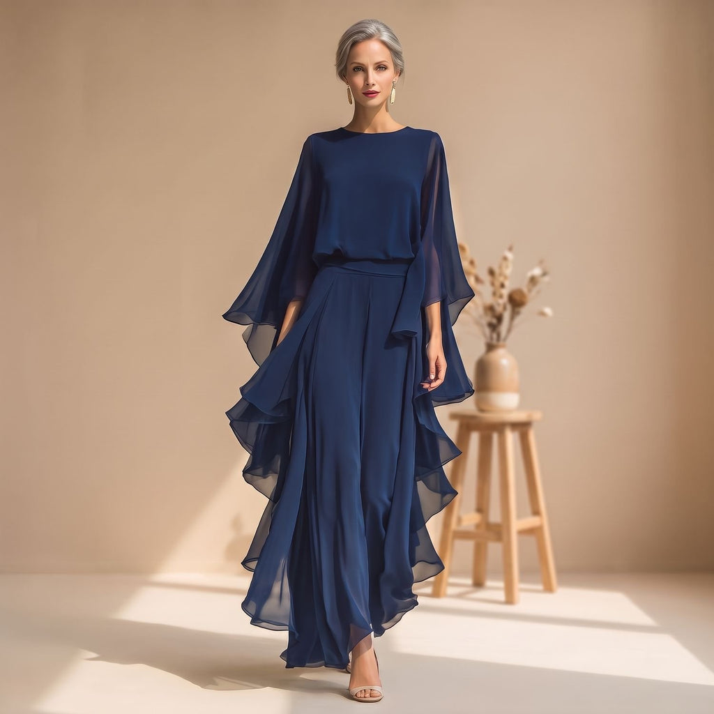 Women's Two Piece Set Chiffon Flared Sleeve Top Wide-Leg Pants