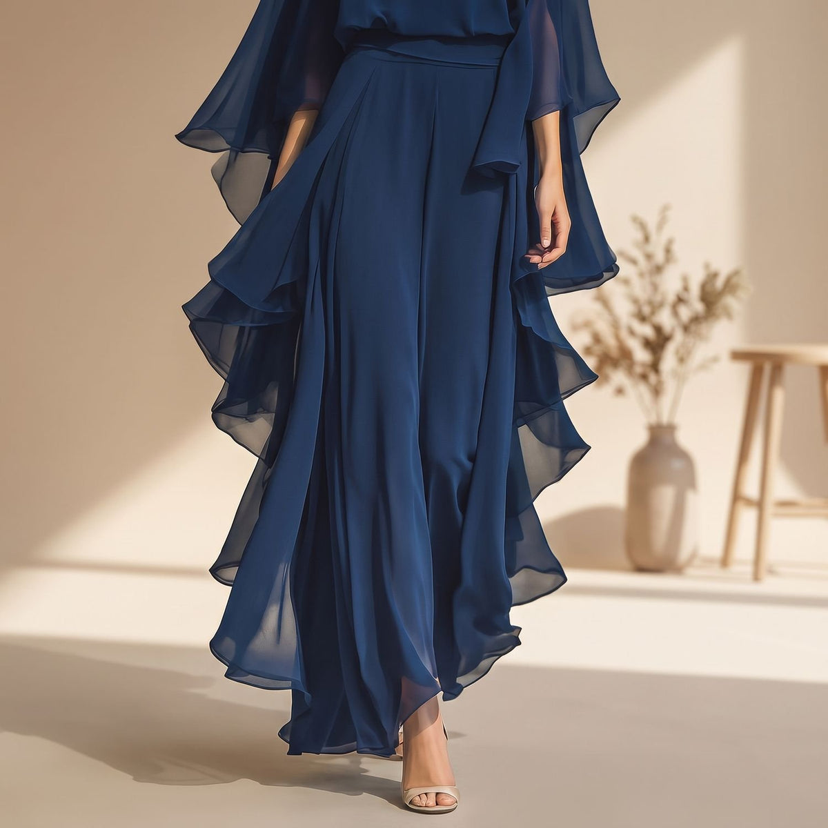 Women's Two Piece Set Chiffon Flared Sleeve Top Wide-Leg Pants