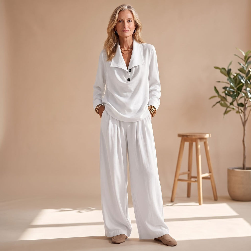 Women's Two-Piece Set Collared Pullover Top Wide-Leg Pleated Pants - White