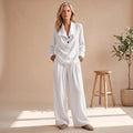 Women's Two-Piece Set Collared Pullover Top Wide-Leg Pleated Pants - White