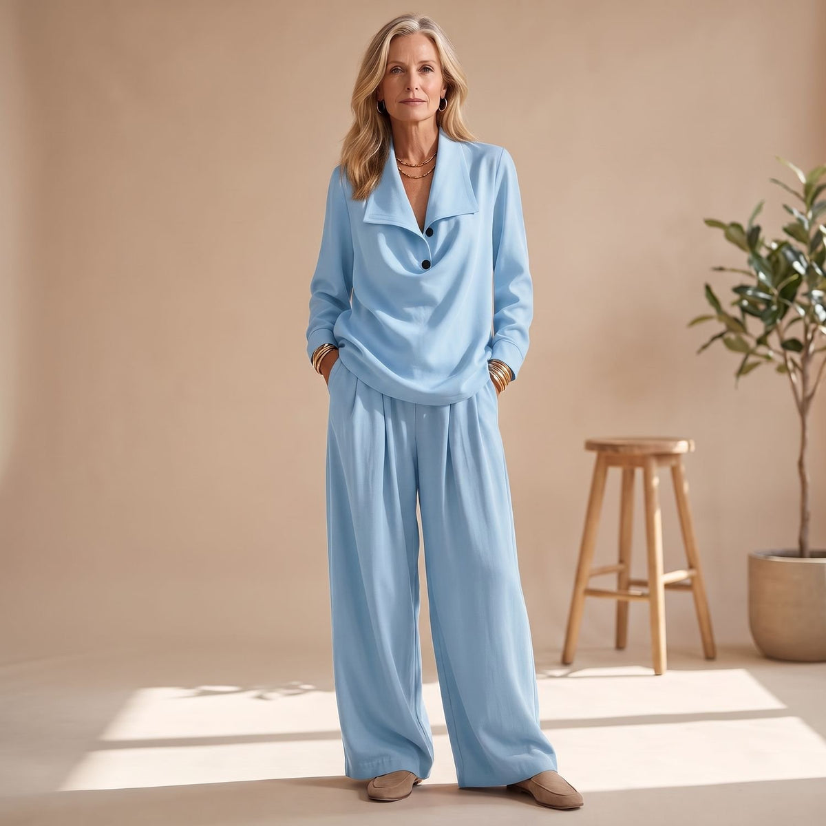 Women's Two-Piece Set Collared Pullover Top Wide-Leg Pleated Pants - Light Blue