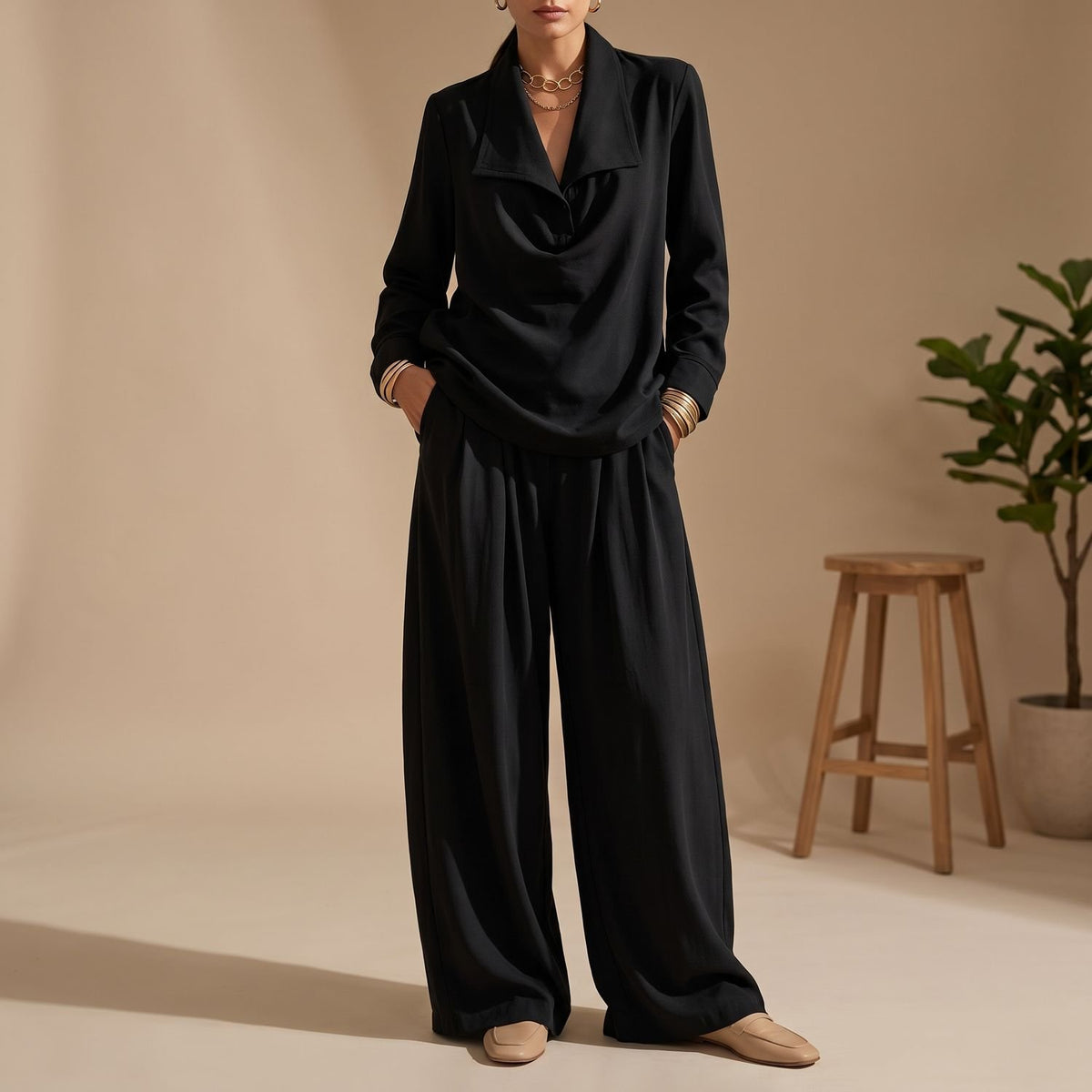 Women's Two-Piece Set Collared Pullover Top Wide-Leg Pleated Pants - Black