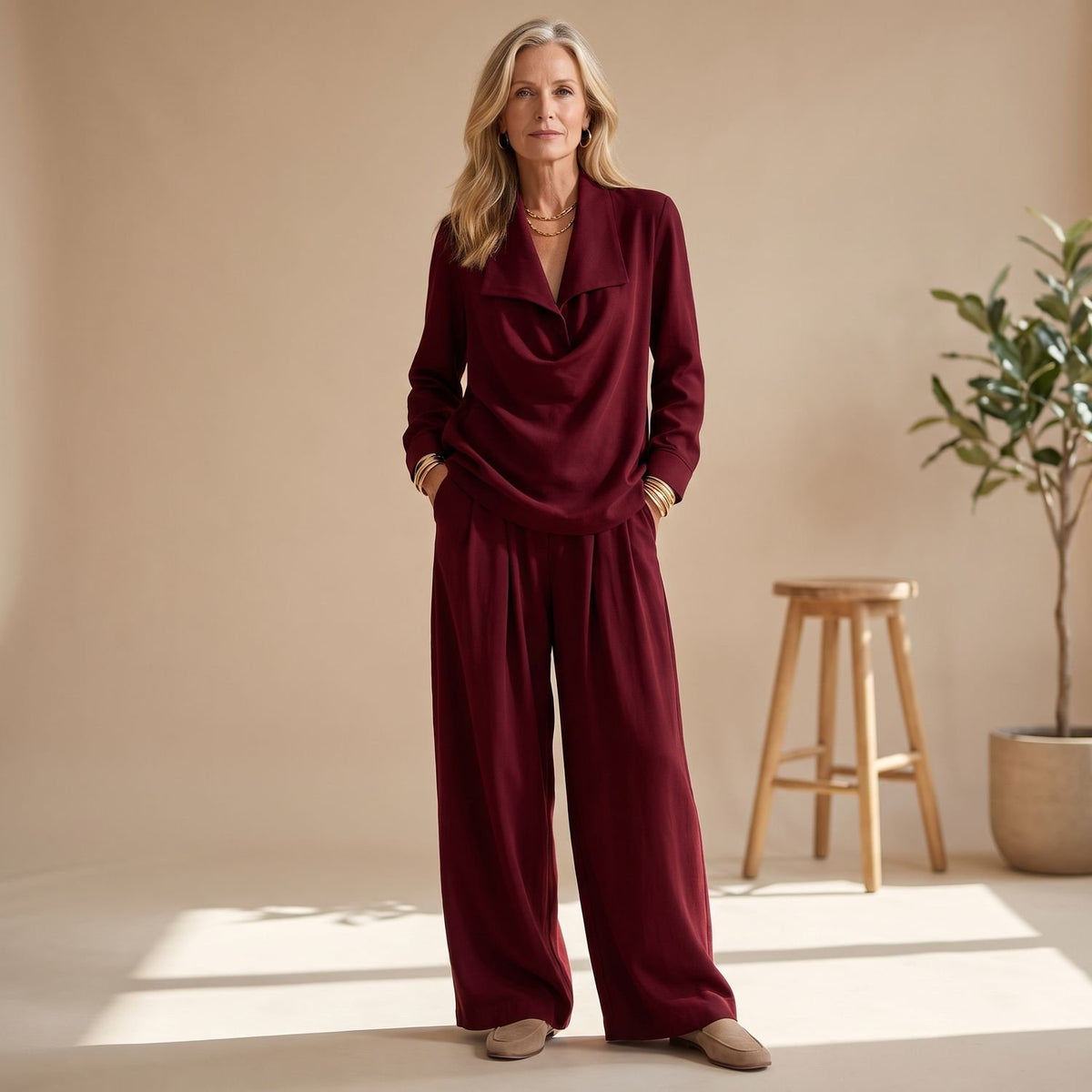 Women's Two-Piece Set Collared Pullover Top Wide-Leg Pleated Pants - Burgundy