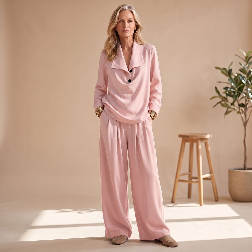 Women's Two-Piece Set Collared Pullover Top Wide-Leg Pleated Pants - Pink