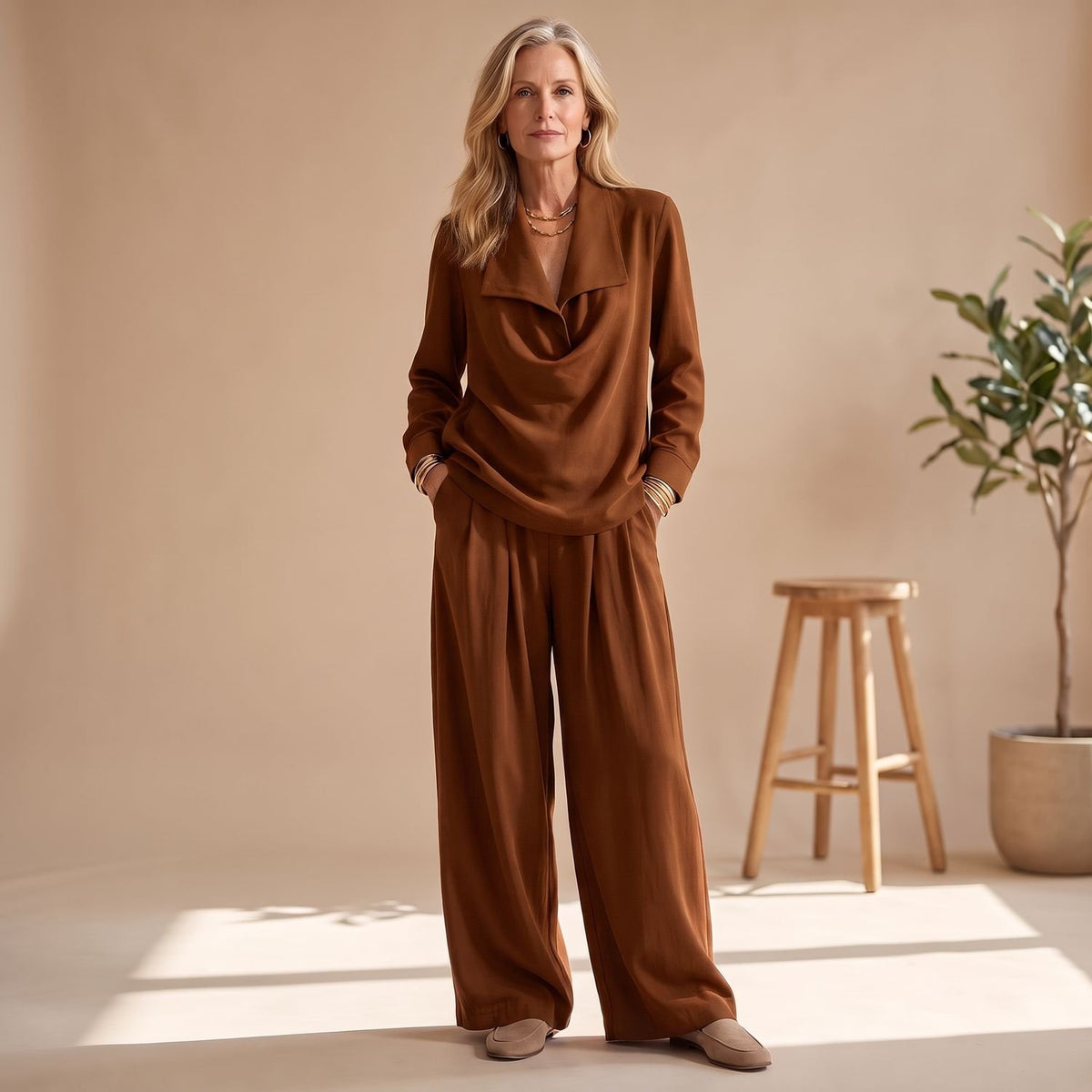 Women's Two-Piece Set Collared Pullover Top Wide-Leg Pleated Pants - Brown