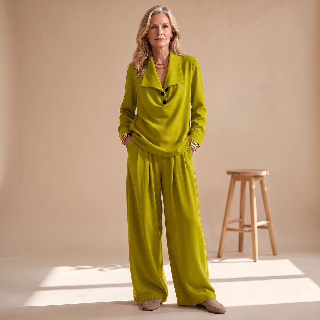 Women's Two-Piece Set Collared Pullover Top Wide-Leg Pleated Pants - Lime