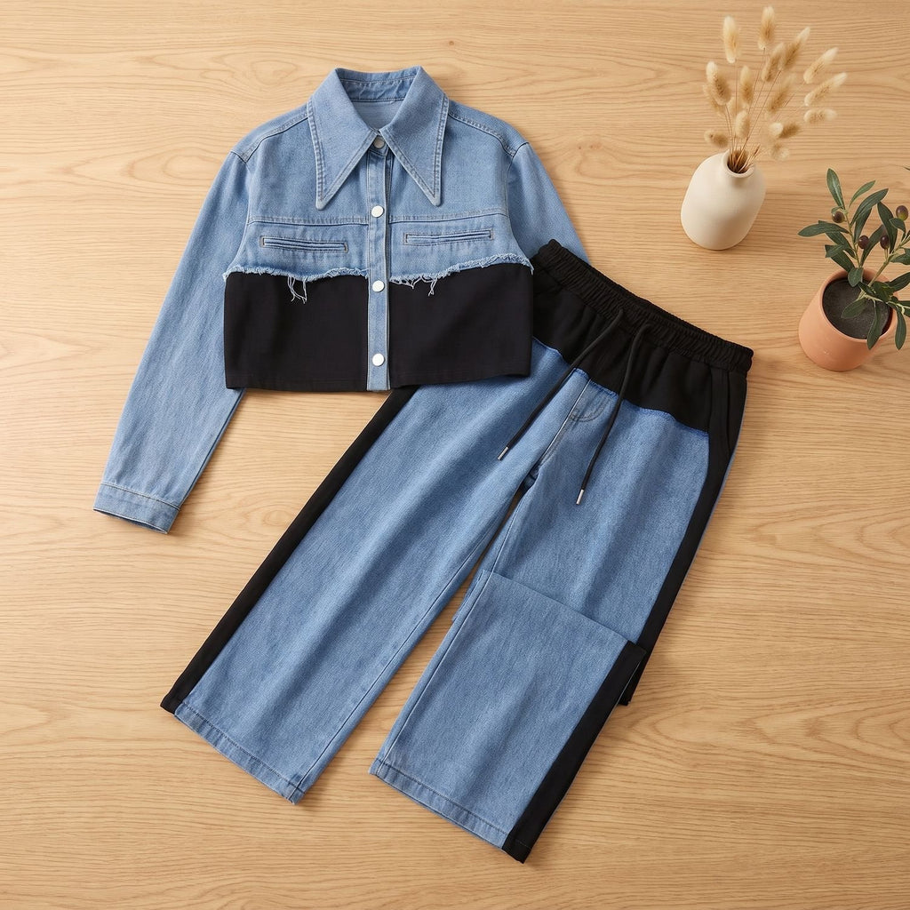Women's Two Piece Set Color-Block Cropped Denim Jacket Wide-Leg Pants - Black