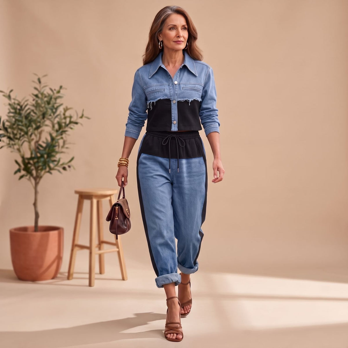 Women's Two Piece Set Color-Block Cropped Denim Jacket Wide-Leg Pants