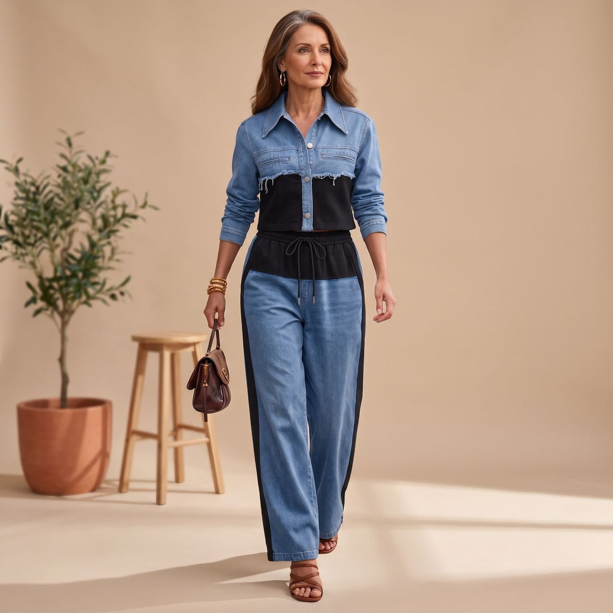 Women's Two Piece Set Color-Block Cropped Denim Jacket Wide-Leg Pants