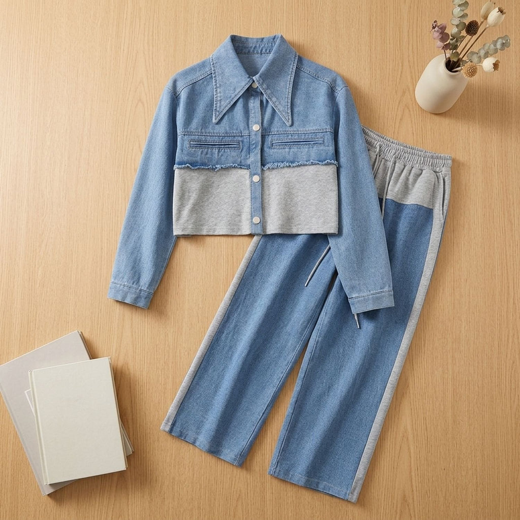 Women's Two Piece Set Color-Block Cropped Denim Jacket Wide-Leg Pants - Gray