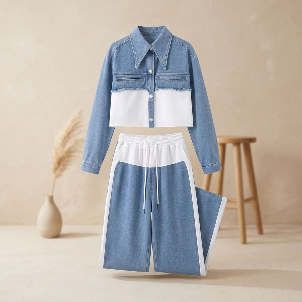 Women's Two Piece Set Color-Block Cropped Denim Jacket Wide-Leg Pants - White