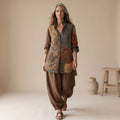 Women's Two Piece Set Floral Print Button-Front Shirt Pants Outfit - Brown