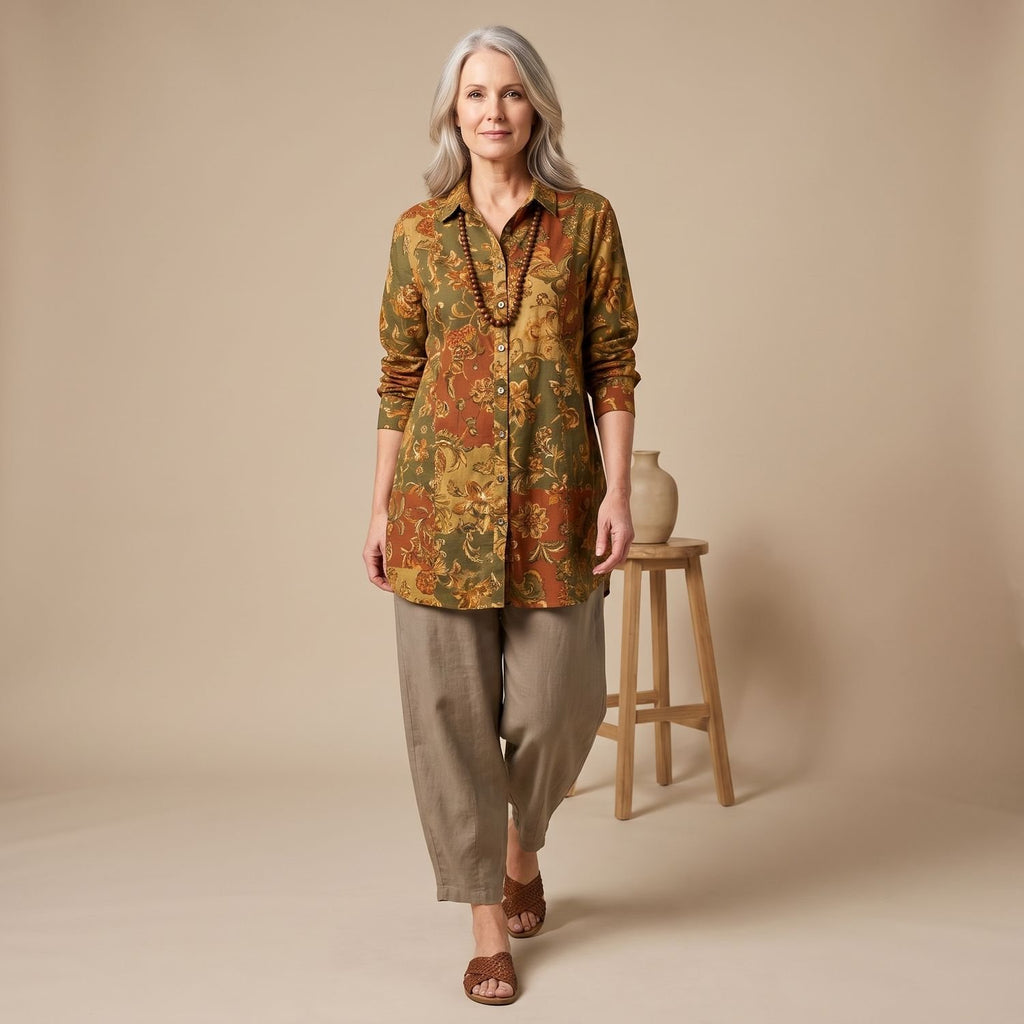 Women's Two Piece Set Floral Print Button-Front Shirt Pants Outfit - Beige