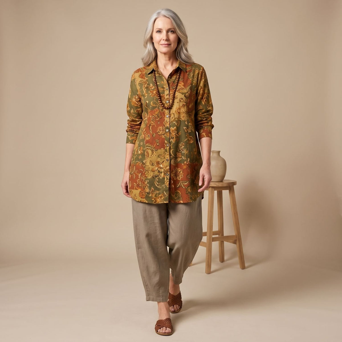 Women's Two Piece Set Floral Print Button-Front Shirt Pants Outfit - Beige
