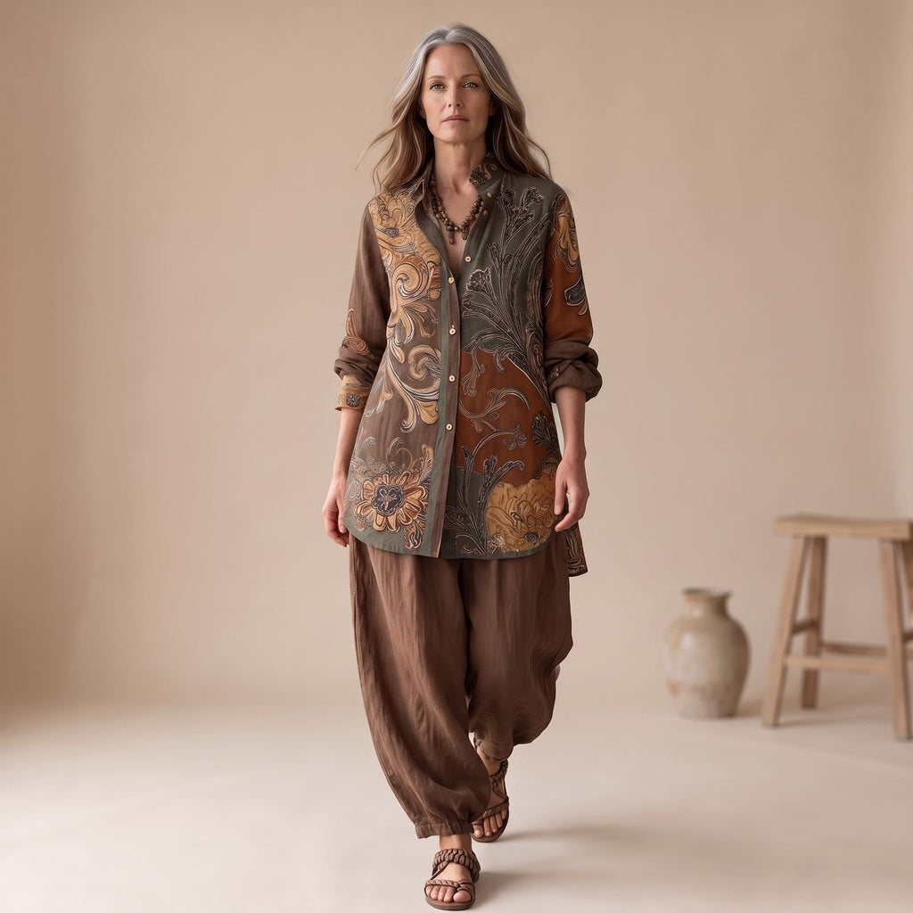 Women's Two Piece Set Floral Print Button-Front Shirt Pants Outfit