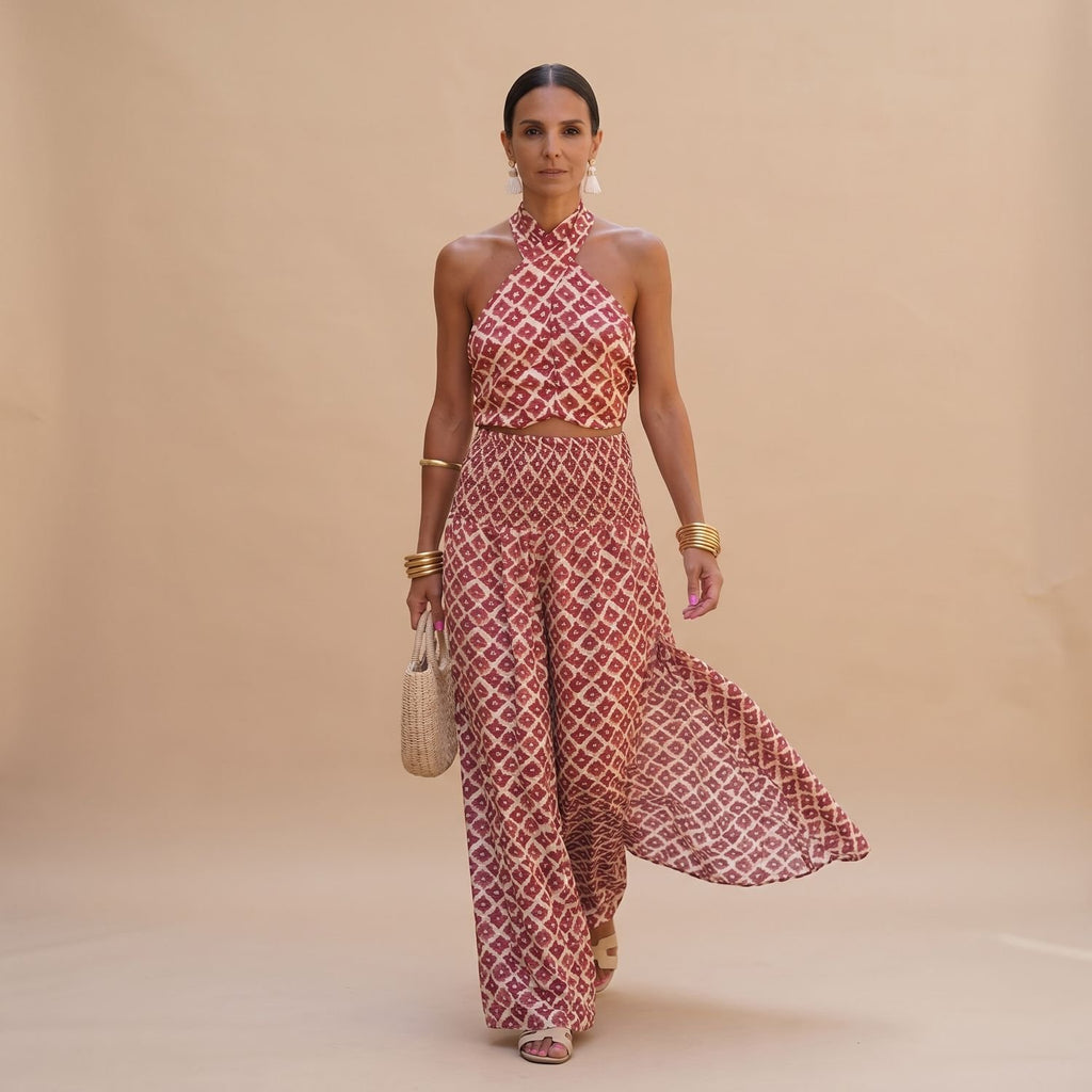Women's Two Piece Set Halter Crop Top Wide-Leg Skirt