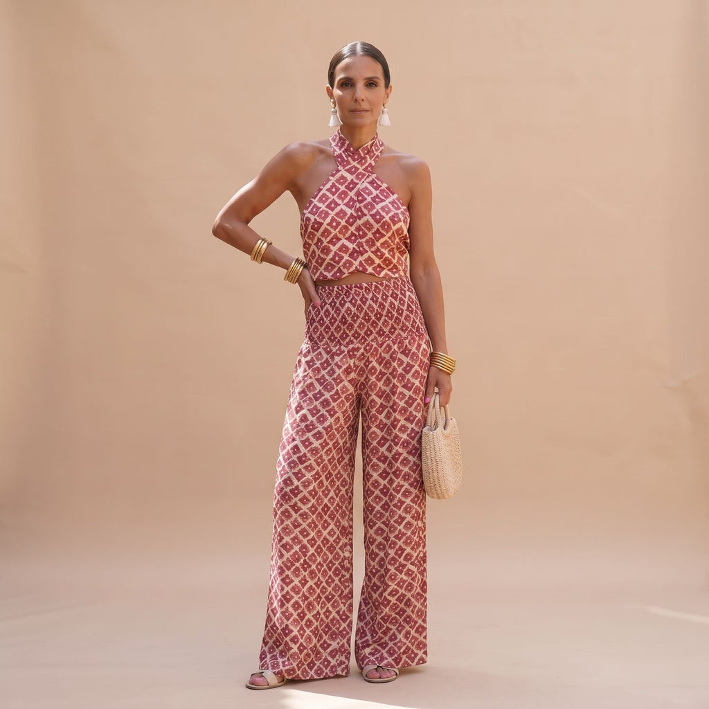 Women's Two Piece Set Halter Crop Top Wide-Leg Skirt