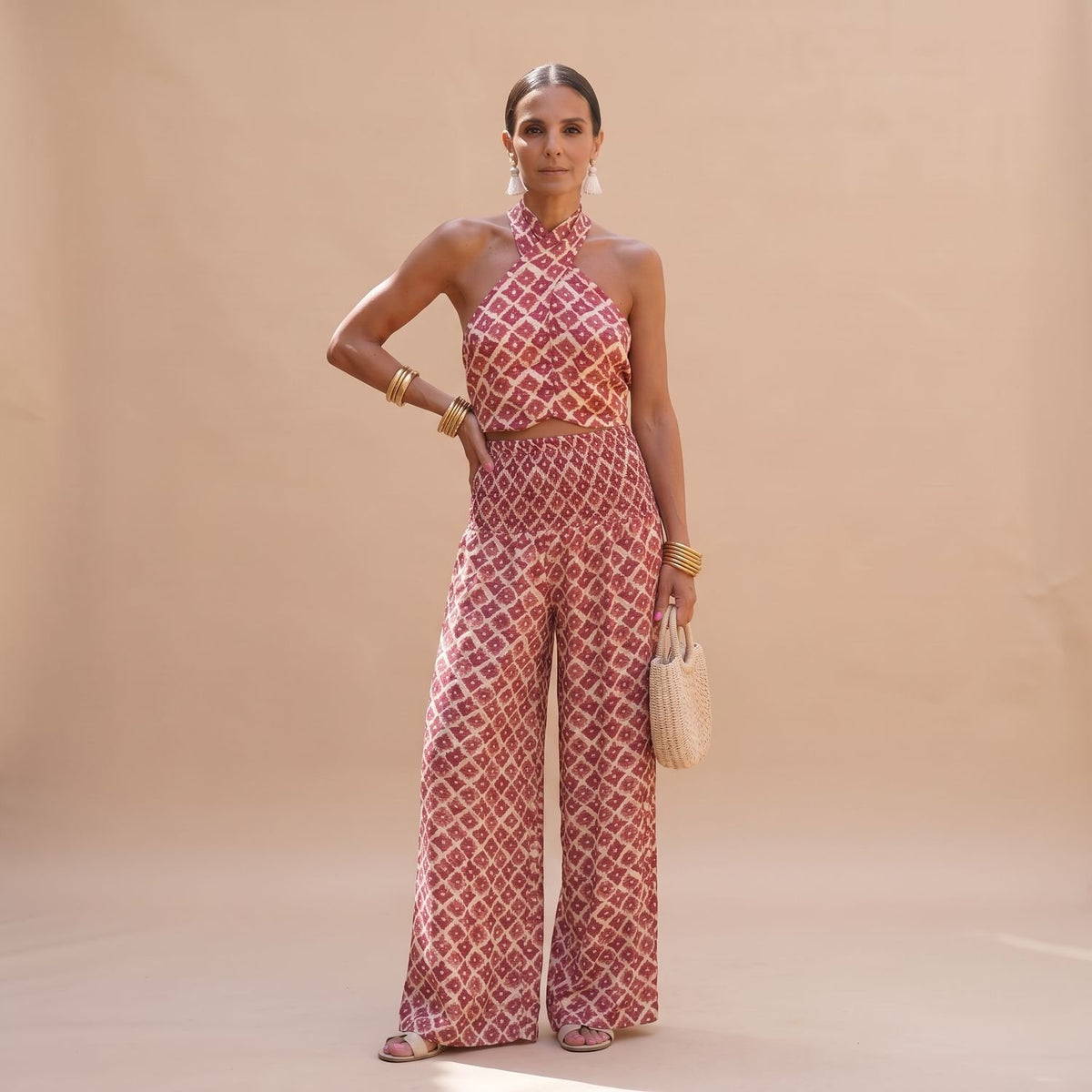 Women's Two Piece Set Halter Crop Top Wide-Leg Skirt