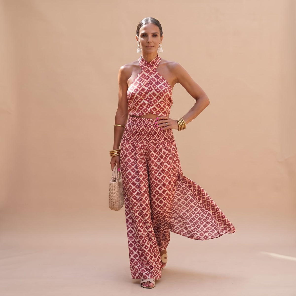 Women's Two Piece Set Halter Crop Top Wide-Leg Skirt