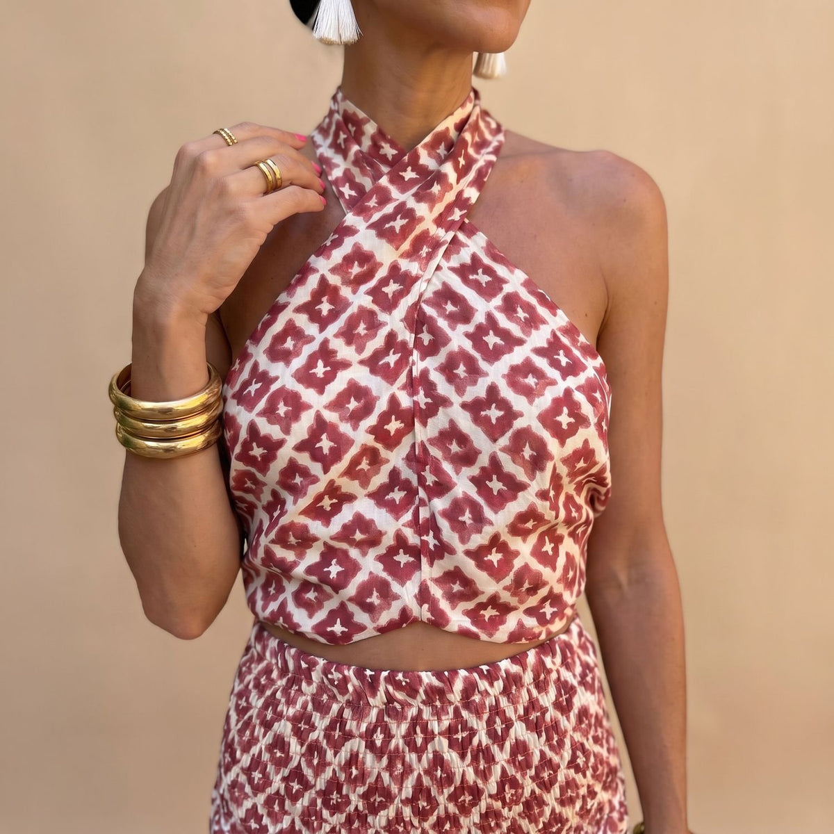 Women's Two Piece Set Halter Crop Top Wide-Leg Skirt