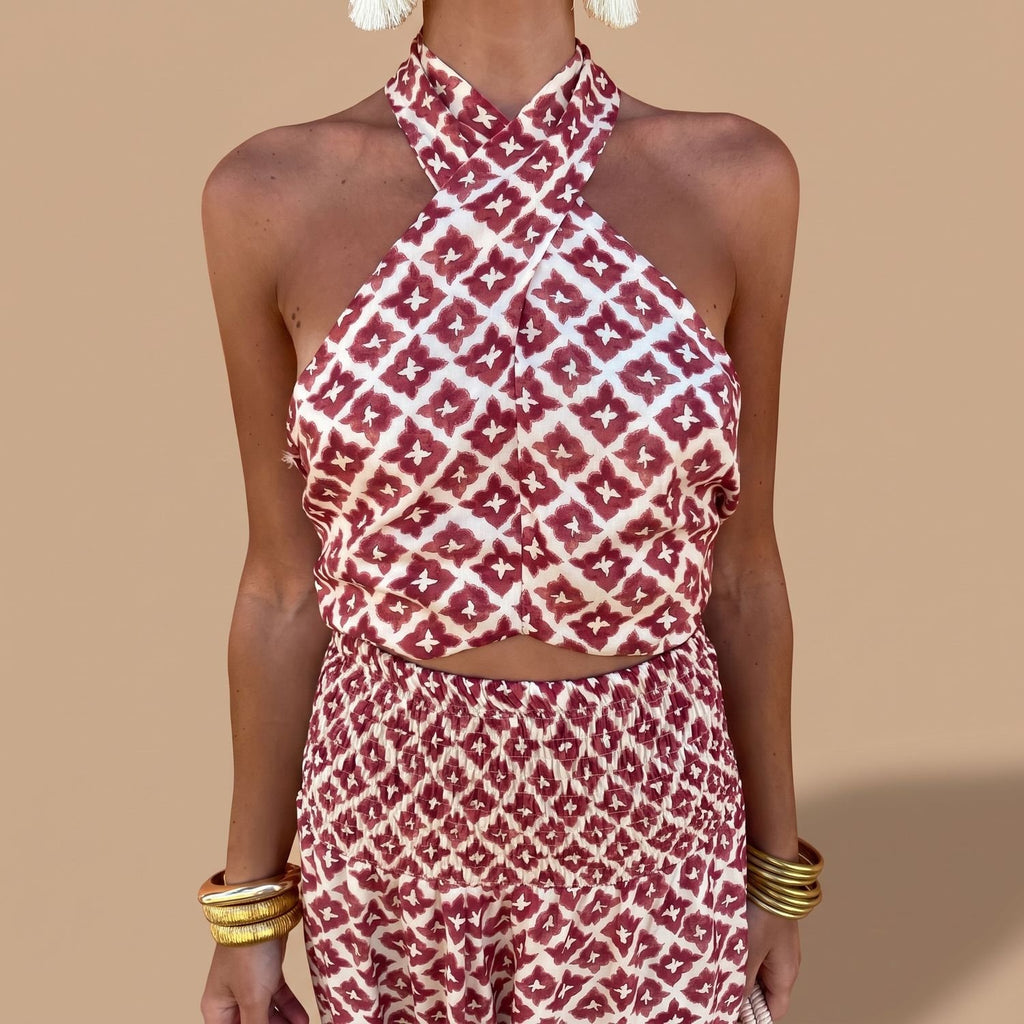 Women's Two Piece Set Halter Crop Top Wide-Leg Skirt