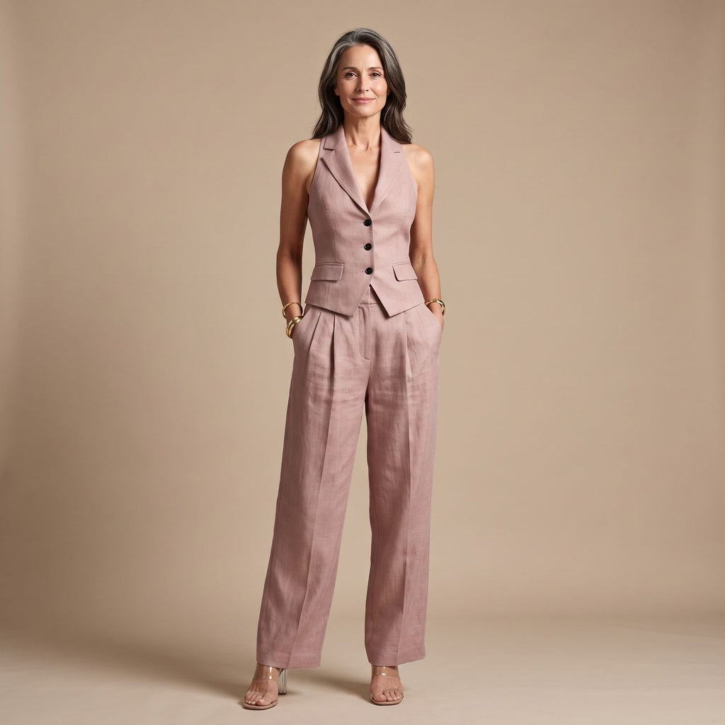 Women's Two Piece Set Lapel Vest Relaxed Wide-Leg Pants - Pink