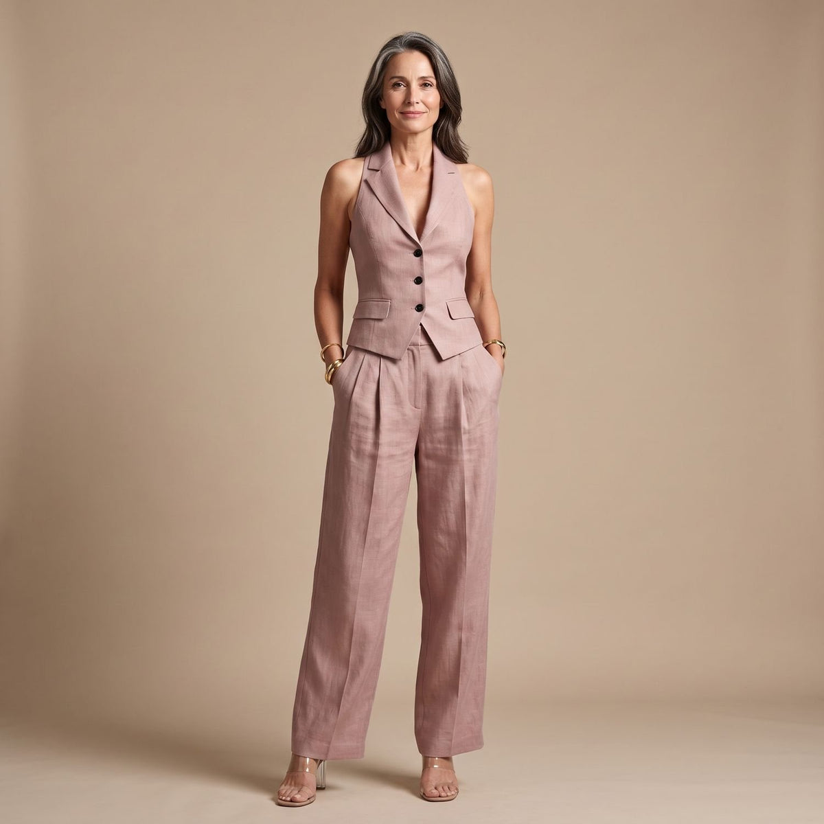 Women's Two Piece Set Lapel Vest Relaxed Wide-Leg Pants - Pink