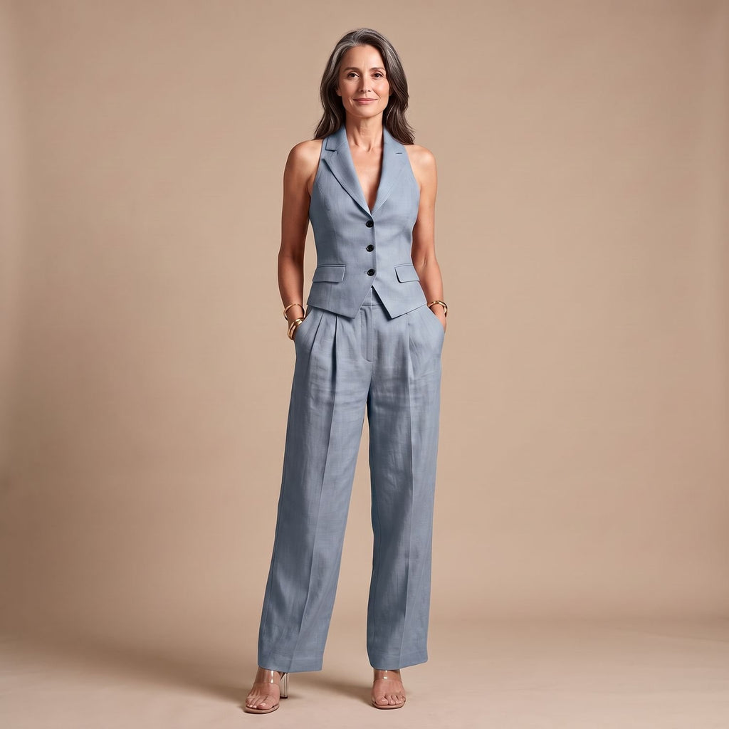 Women's Two Piece Set Lapel Vest Relaxed Wide-Leg Pants - Blue