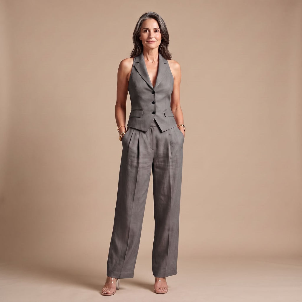 Women's Two Piece Set Lapel Vest Relaxed Wide-Leg Pants - Gray