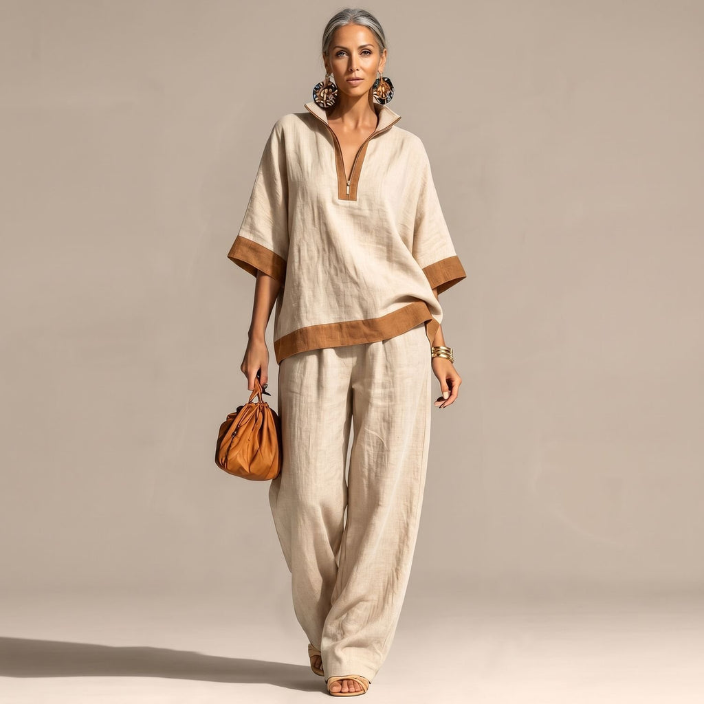 Women's Two Piece Set Linen-Look Wide-Leg Pants Zip-Neck Top - Beige