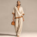 Women's Two Piece Set Linen-Look Wide-Leg Pants Zip-Neck Top - Beige