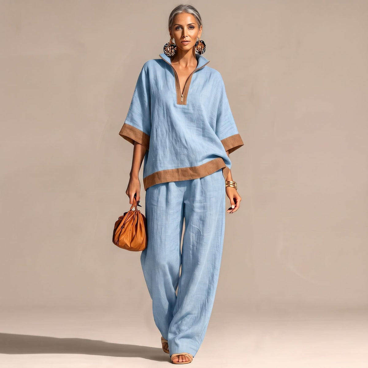 Women's Two Piece Set Linen-Look Wide-Leg Pants Zip-Neck Top - Blue