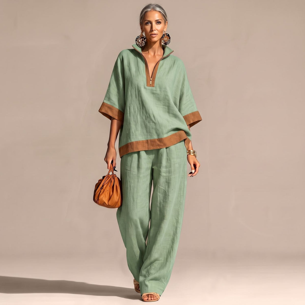 Women's Two Piece Set Linen-Look Wide-Leg Pants Zip-Neck Top - Light Green