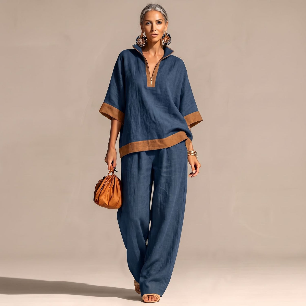 Women's Two Piece Set Linen-Look Wide-Leg Pants Zip-Neck Top - Navy Blue