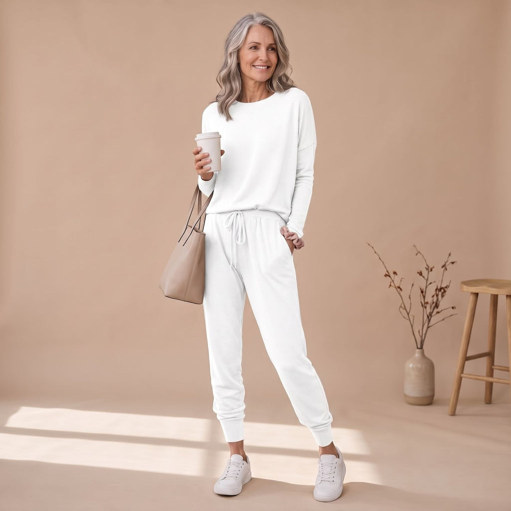 Women's Two Piece Set Long-Sleeve Top Drawstring Jogger Pants - White