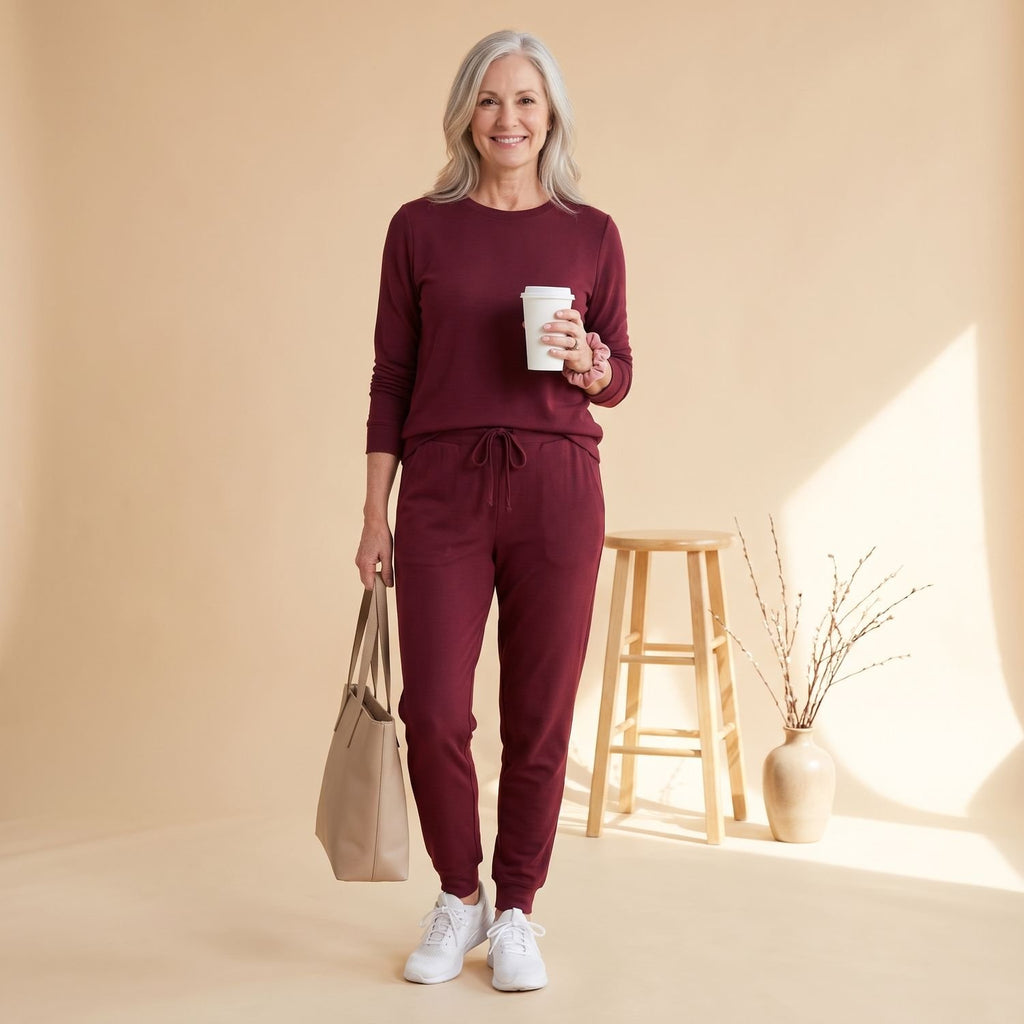 Women's Two Piece Set Long-Sleeve Top Drawstring Jogger Pants - Wine Red