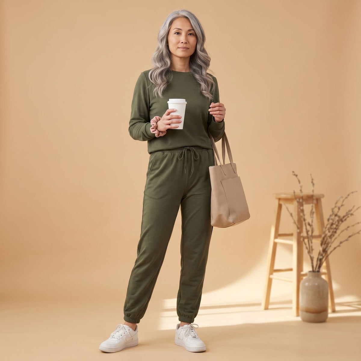 Women's Two Piece Set Long-Sleeve Top Drawstring Jogger Pants - Dark Green