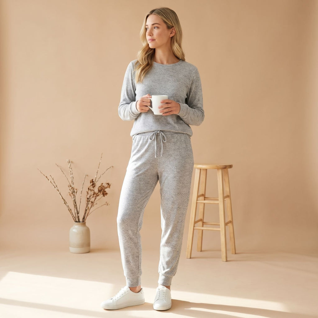 Women's Two Piece Set Long-Sleeve Top Drawstring Jogger Pants - Light Gray