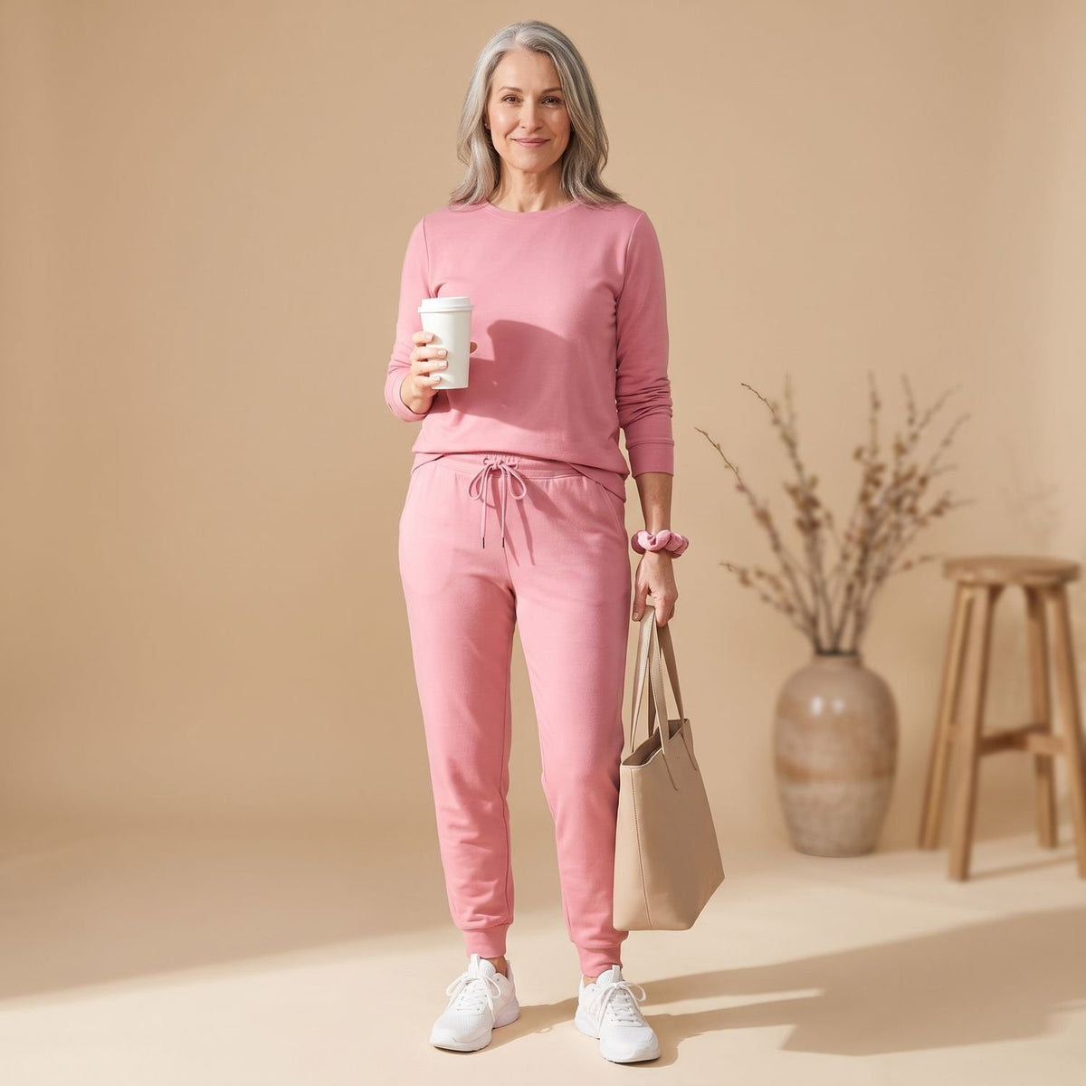 Women's Two Piece Set Long-Sleeve Top Drawstring Jogger Pants - Pink