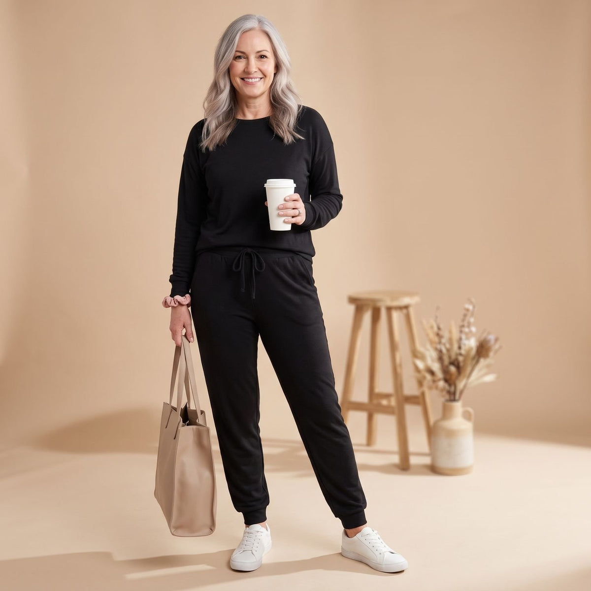 Women's Two Piece Set Long-Sleeve Top Drawstring Jogger Pants - Black