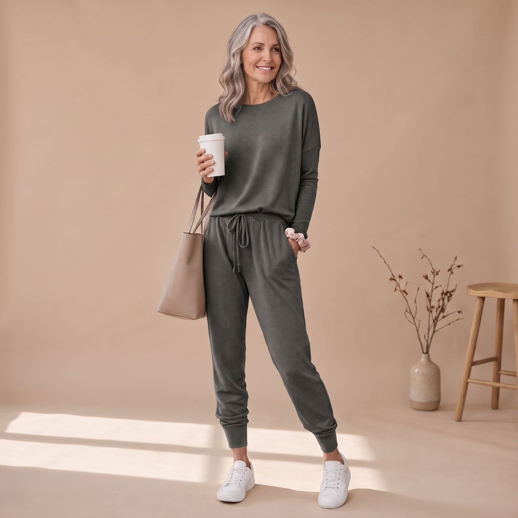 Women's Two Piece Set Long-Sleeve Top Drawstring Jogger Pants - Dark Gray