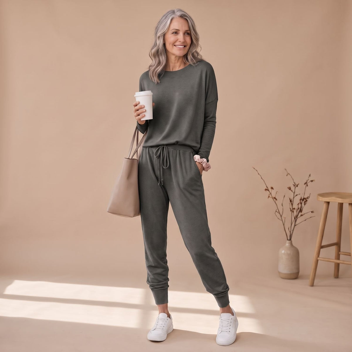 Women's Two Piece Set Long-Sleeve Top Drawstring Jogger Pants - Dark Gray