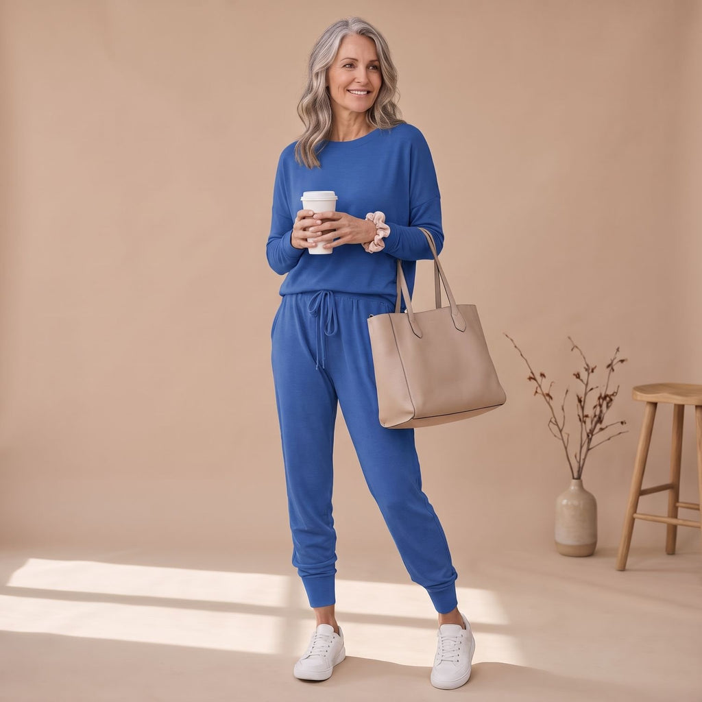 Women's Two Piece Set Long-Sleeve Top Drawstring Jogger Pants - Blue
