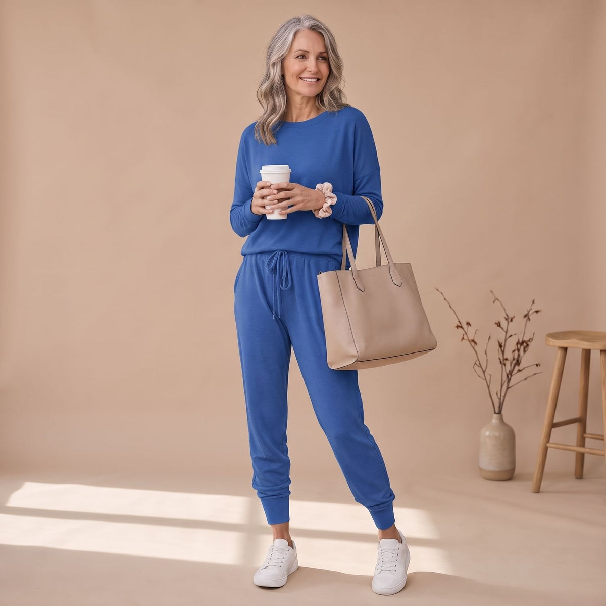 Women's Two Piece Set Long-Sleeve Top Drawstring Jogger Pants - Blue