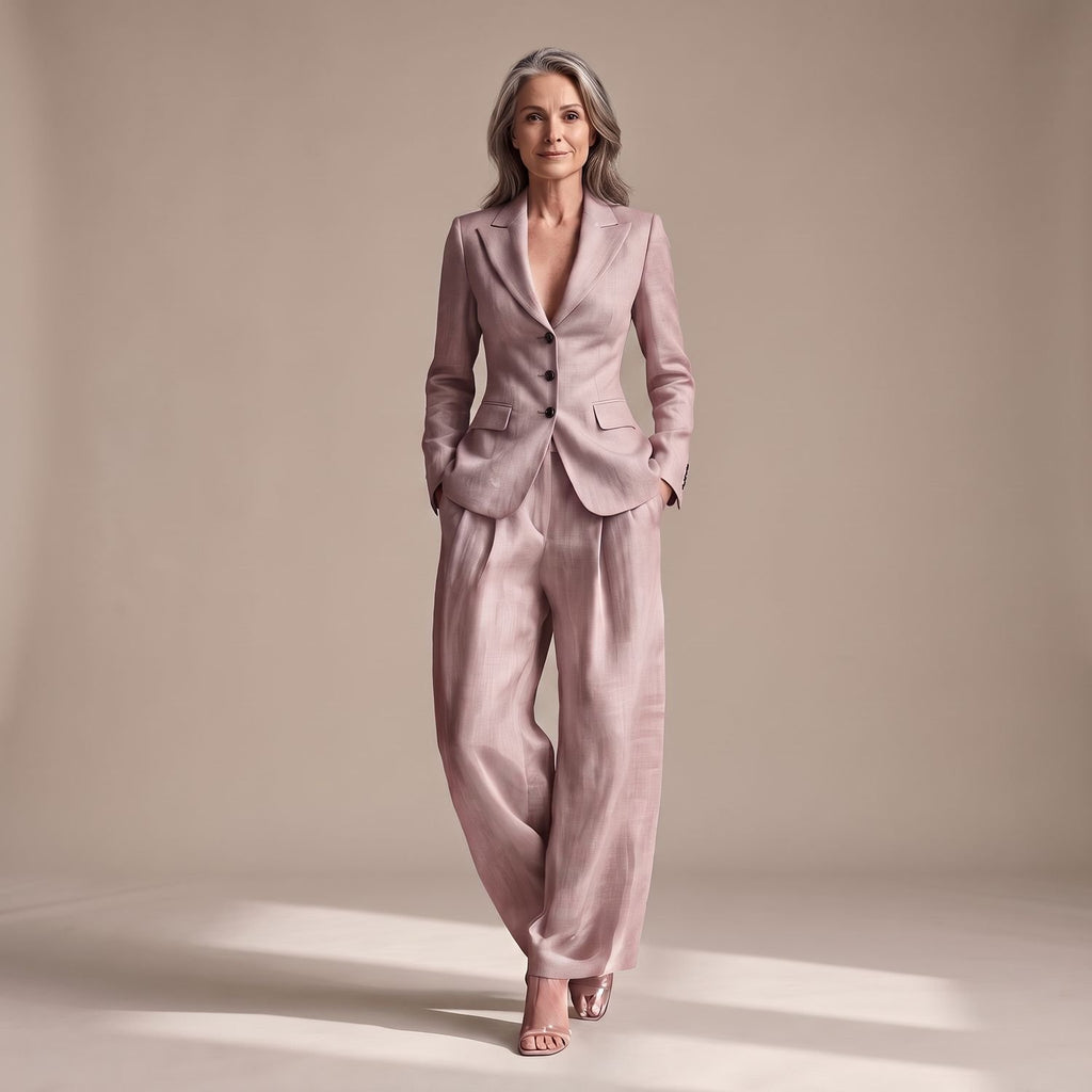 Women's Two Piece Set Notch Lapel Blazer Wide Leg Pants Suit - Pink